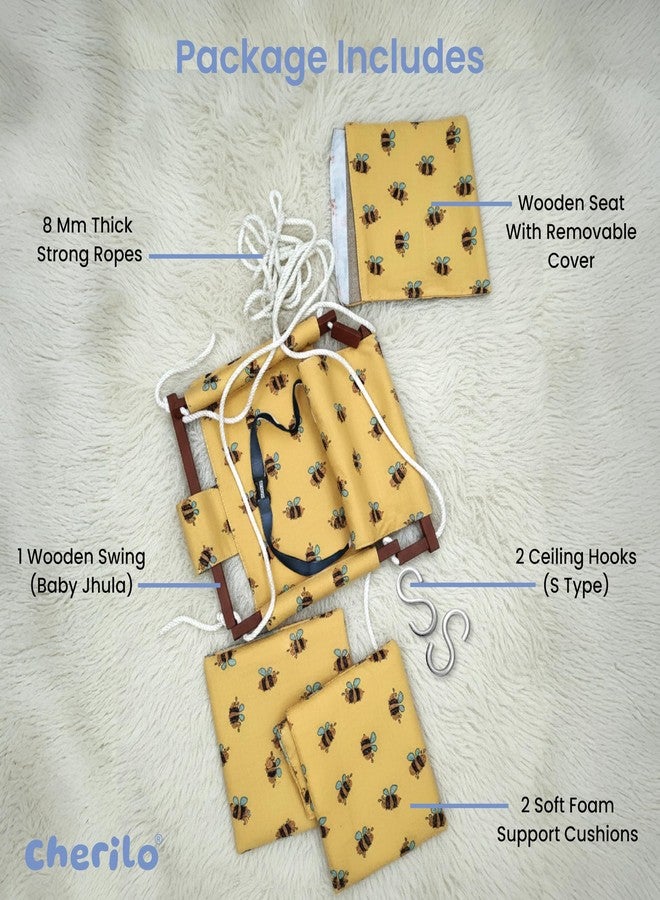 Cherilo Wooden Swing for Kids 6 Months to 5 Years | Indoor Outdoor Hanging Jhula for Kids | Comfortable & Safe Swing with 2 Cushions and Safety Belt | Strong Wooden Frame Swing for Baby - Honey Bee - Image 3